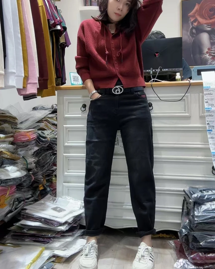 秋款黑色抓毛时尚潮流百搭哈伦老爹牛仔裤87111