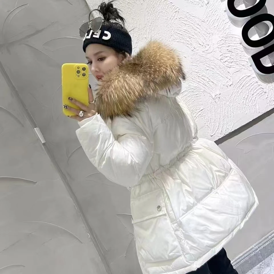 大毛领羽绒服冬季纯色保暖修身款显瘦网红时尚收腰加厚中长款7151