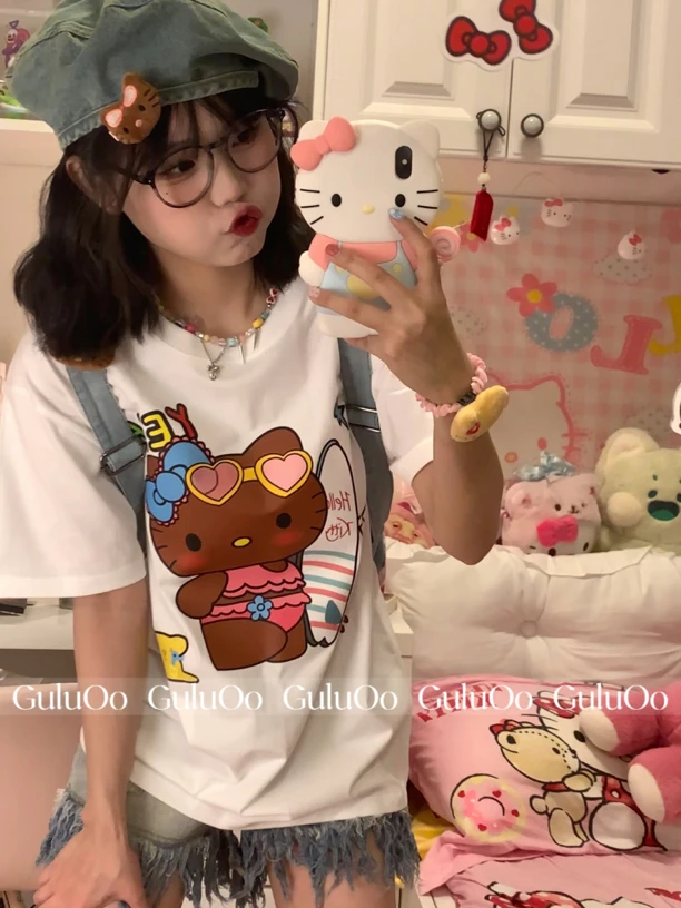 【GuluOo】夏威夷黑皮kitty可爱圆领百搭夏季短袖上衣