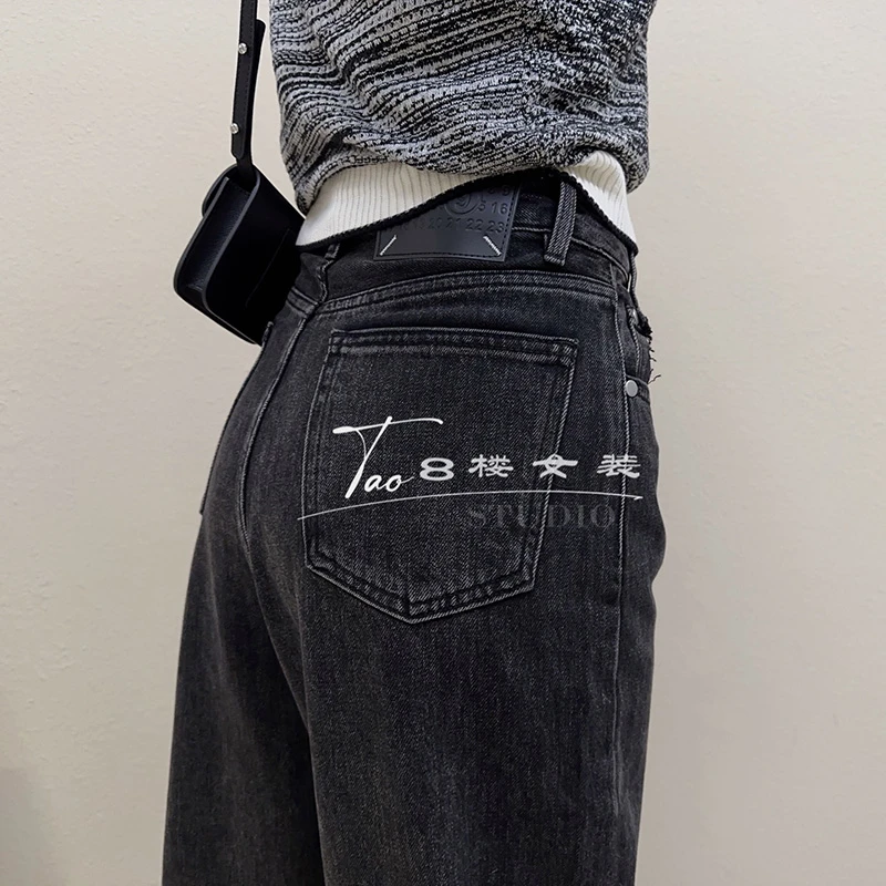 花匣子牛仔裤女flower旗舰店秋冬新款磨毛黑色窄版阔腿裤500152-9