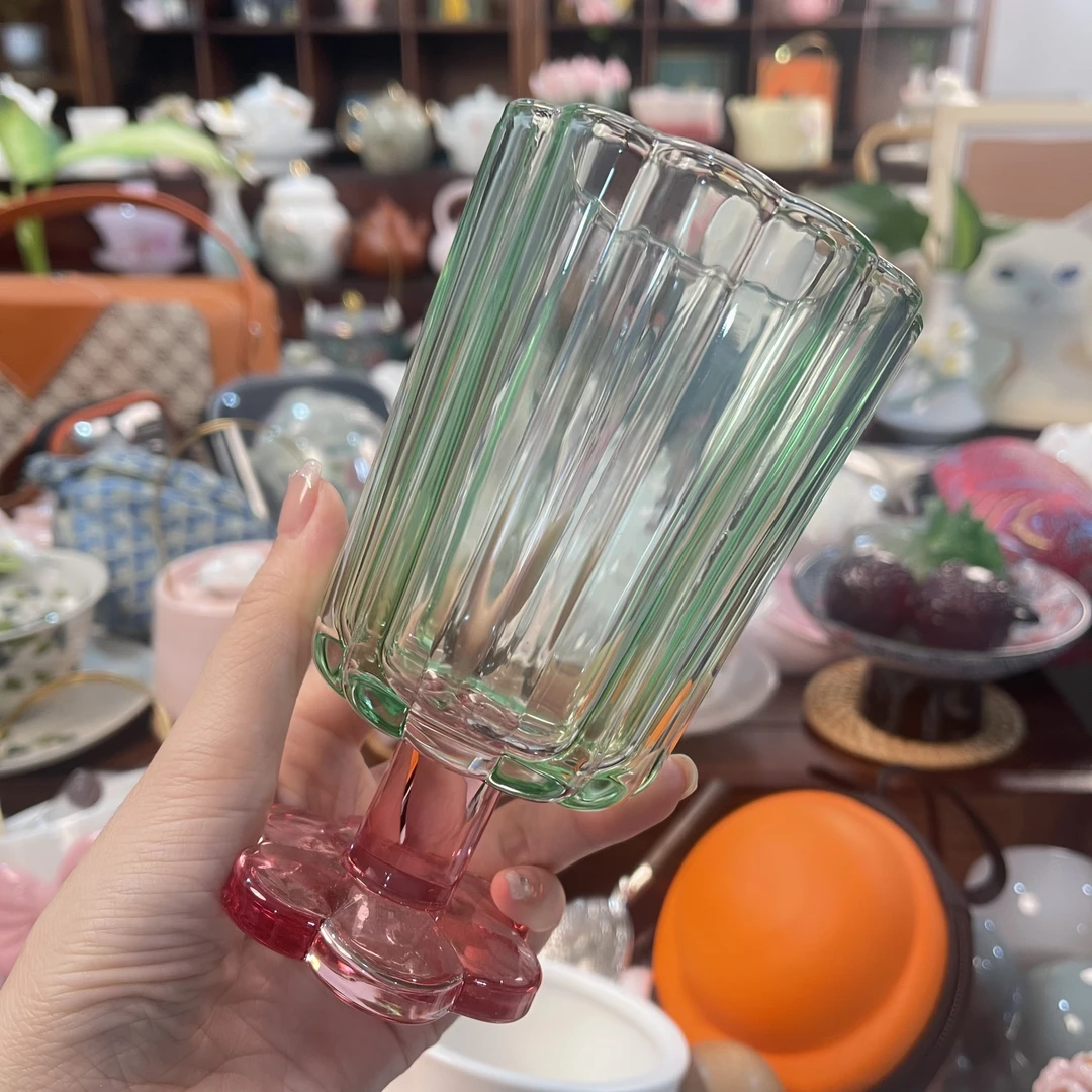 【 直播专享】绿粉拼色耐热高脚花朵水杯牛奶杯果汁杯鸡尾酒杯