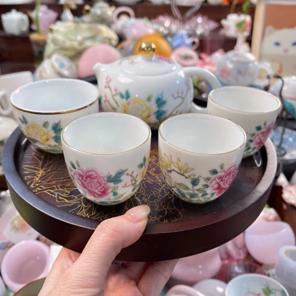 花开富贵羊脂玉瓷西施壶带4杯带圆竹茶盘整套茶具