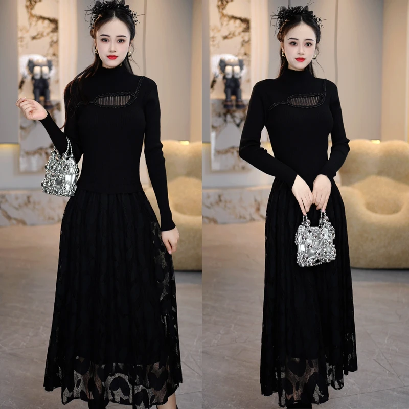 省心穿搭半高领秋季连衣裙2024年收腰显瘦气质轻奢假两件连衣裙