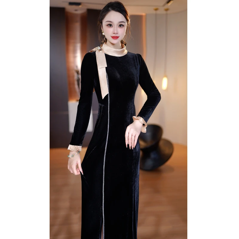 加厚保暖连衣裙2024年秋冬新款收腰气质显瘦加绒打底轻奢连衣裙