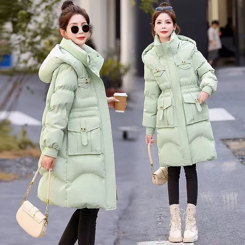 2024冬季中长款通勤连帽绿色纯色显瘦羽绒服外套YR047