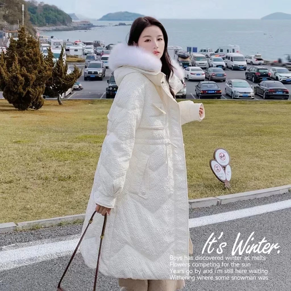 2024冬季新款中长款真毛领时尚手工亮珠设计羽绒服外套YR048