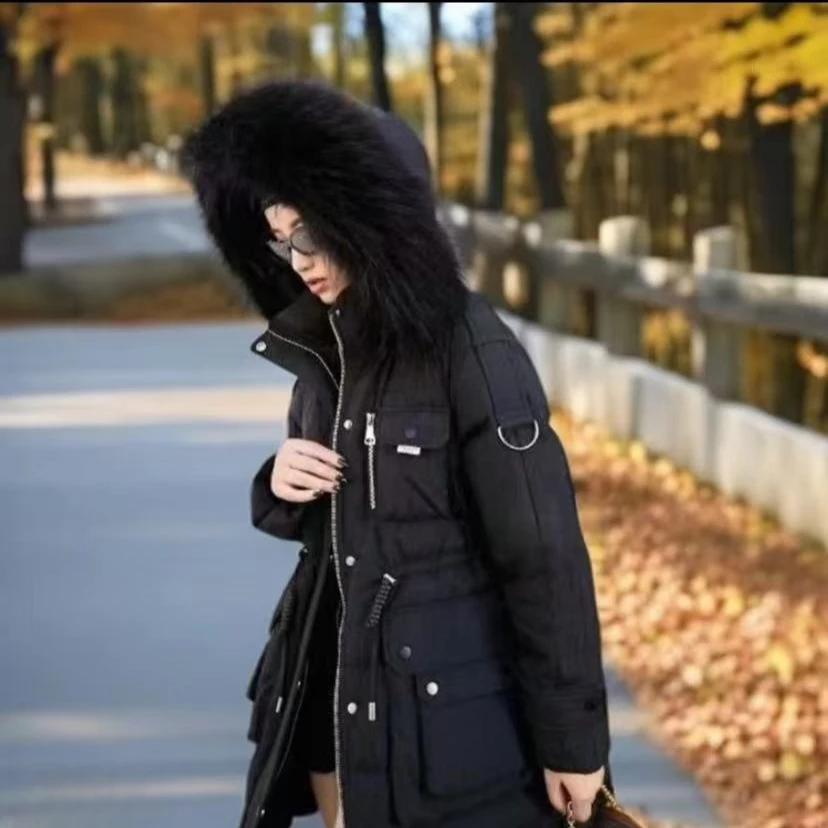 {韩货}2024休闲中长款气质带毛领真毛设计羽绒服外套YR012