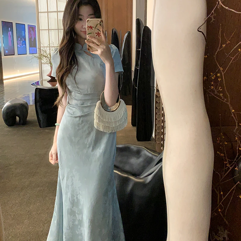 2025夏季新中式复古改良旗袍女装夏季短袖女装洋气收腰连衣裙1503