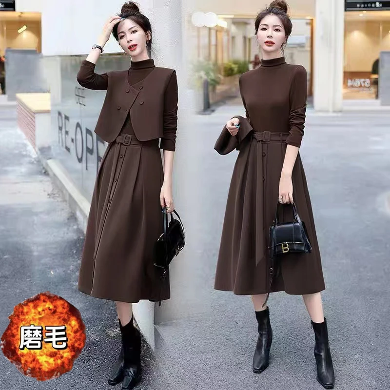 长袖两件套连衣裙新款气质女神范高级感法式马甲7882