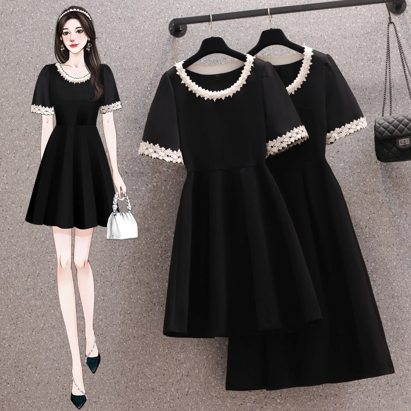 法式气质夏季短袖黑色连衣裙夏收腰显瘦遮肚高级感小黑裙子6845