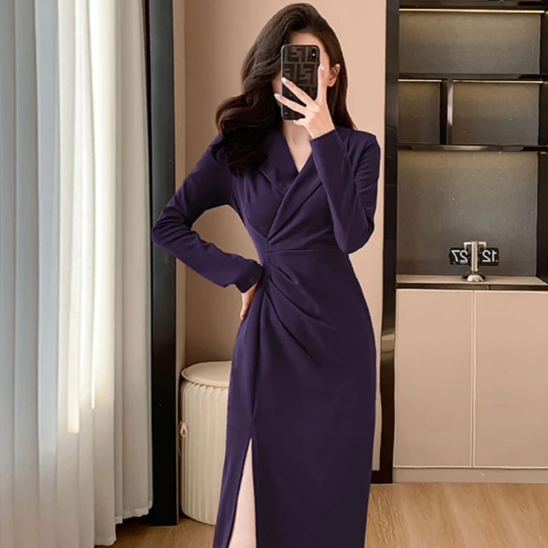 法式高级感气质连衣裙2025秋新款收腰显瘦包臀开叉时尚长裙子1895