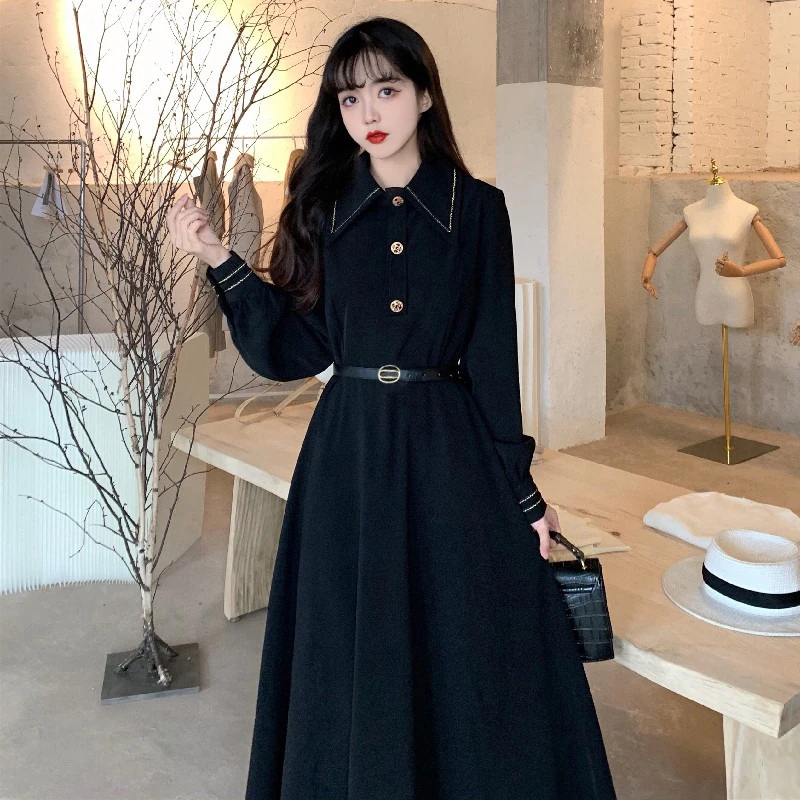 【送腰带】大码胖mm法式复古设计感气质长裙子赫本风连衣裙女7937