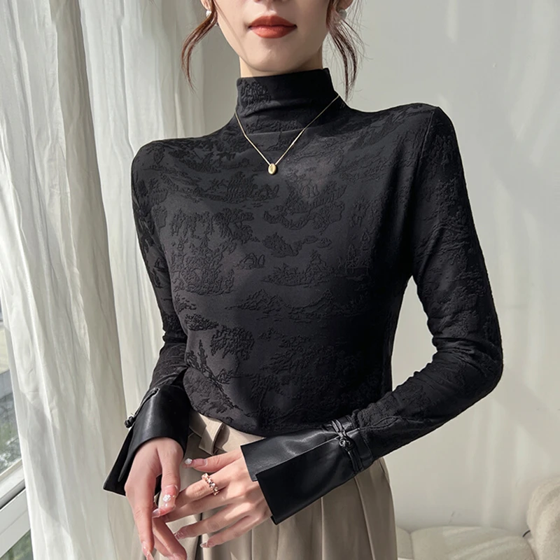 新中式半高领黑色打底衫2025新款女国风长袖高级内搭上衣洋气2610