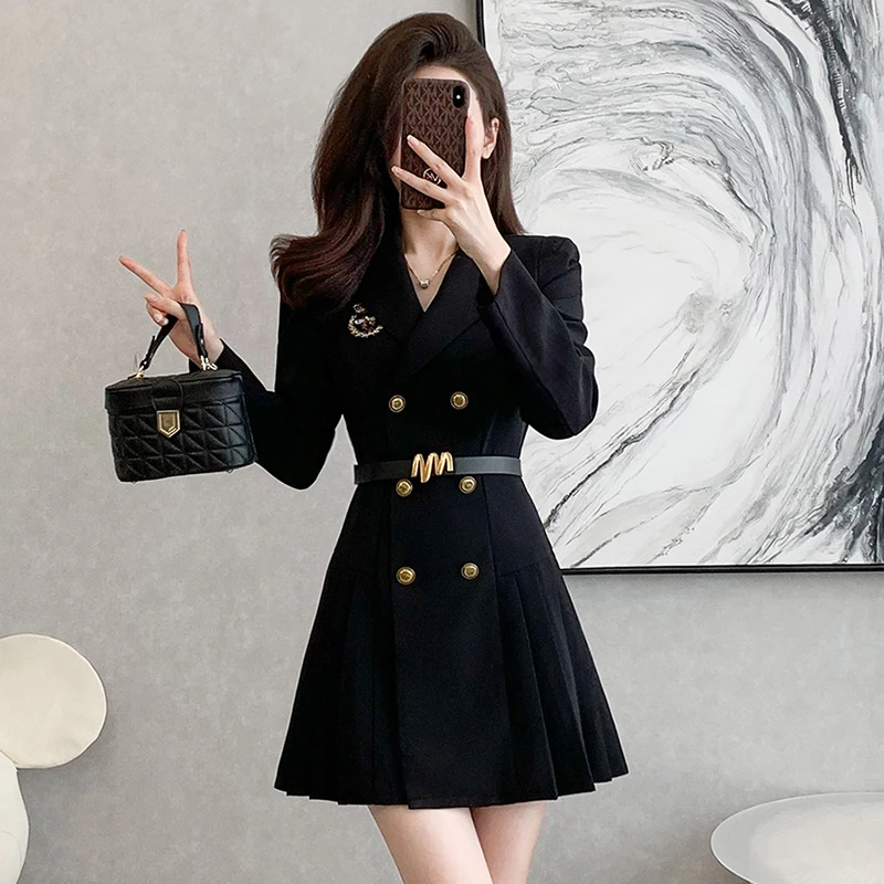 赫本风黑色西装连衣裙2025新款气质通勤小个子西服修身百褶裙1875