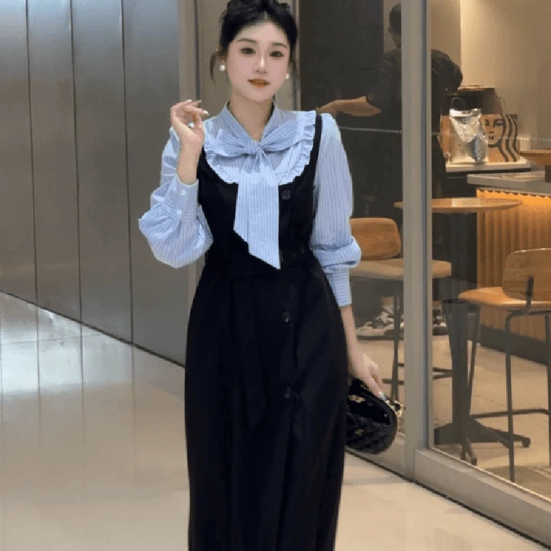 法式优雅气质连衣裙复古收腰假两件蝴蝶结拼接设计长袖裙子女2166