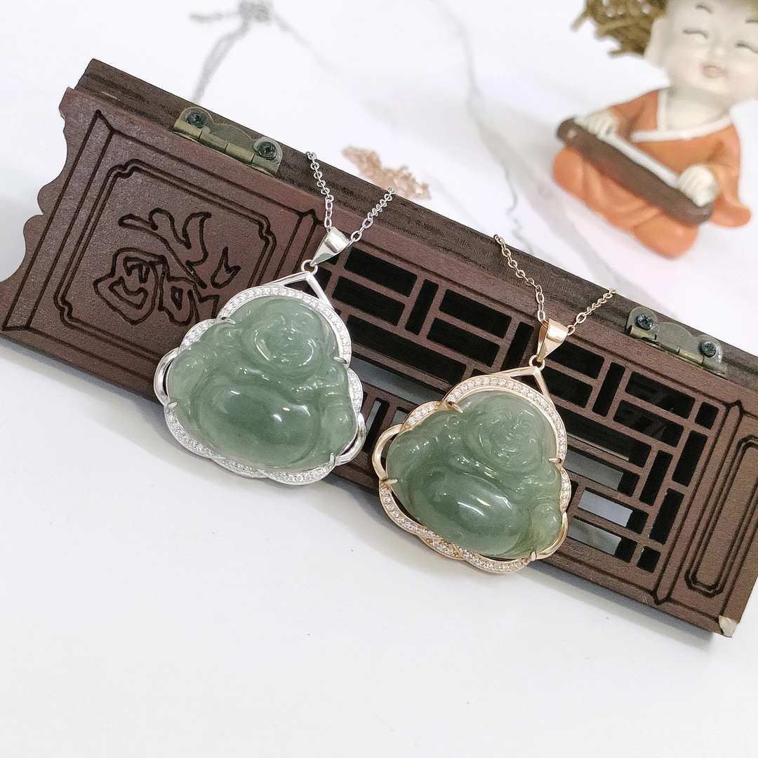 龙瑞-天然翡翠A货佛公吊坠颈饰925银镶嵌带链时尚绿色气质多样性