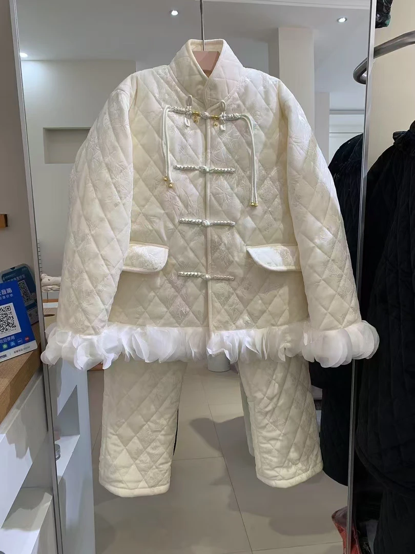 原创新中式压花工艺三层夹棉加厚家居服