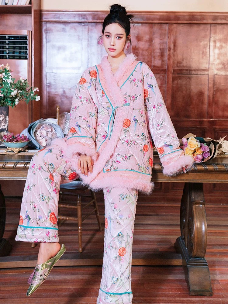 AZ原创 粉色中式三层夹棉加厚睡衣家居服
