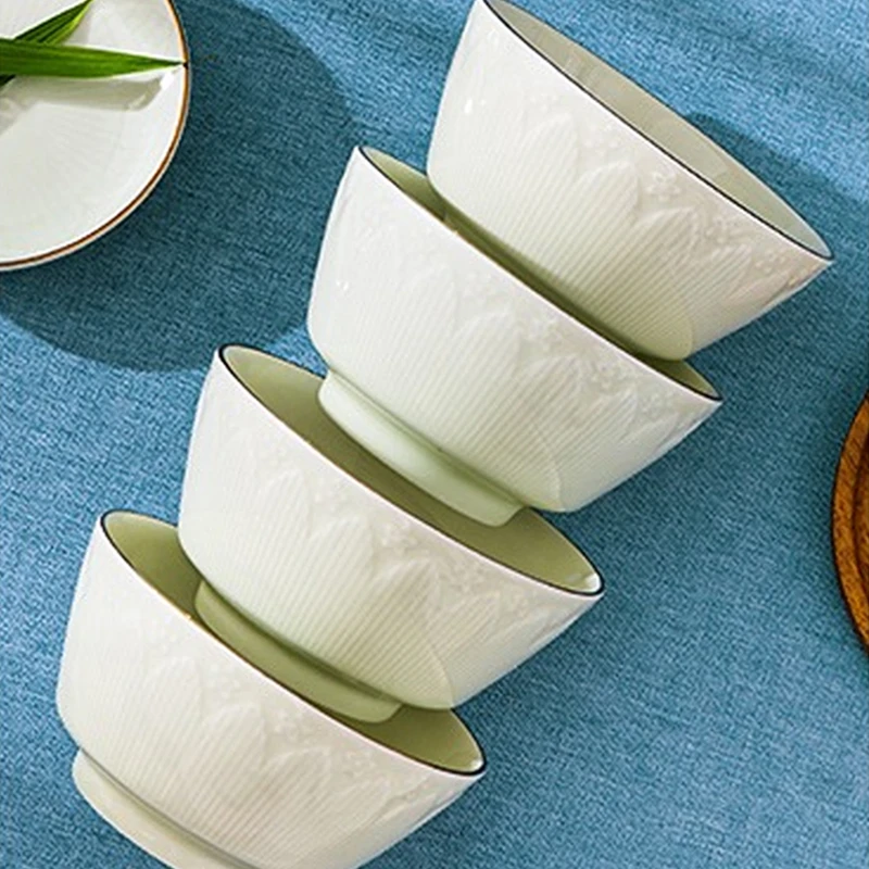 雅诚德陶瓷米饭碗家用中式吃饭碗轻奢金边陶瓷碗大汤碗碗家用饭碗