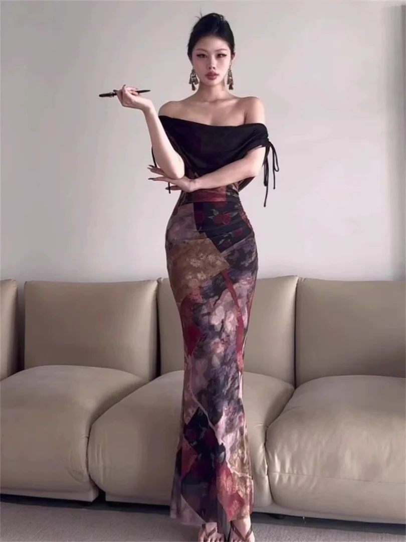 一字肩新中式印花连衣裙女夏季新款旗袍气质收腰修身包臀裙长裙子