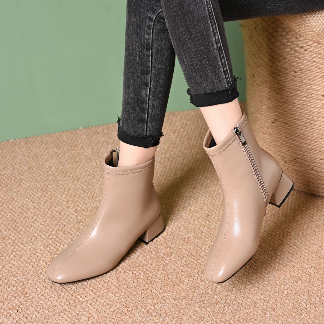 2024新款春秋季方头短靴女粗跟中跟皮鞋秋冬款女鞋羊皮马丁靴