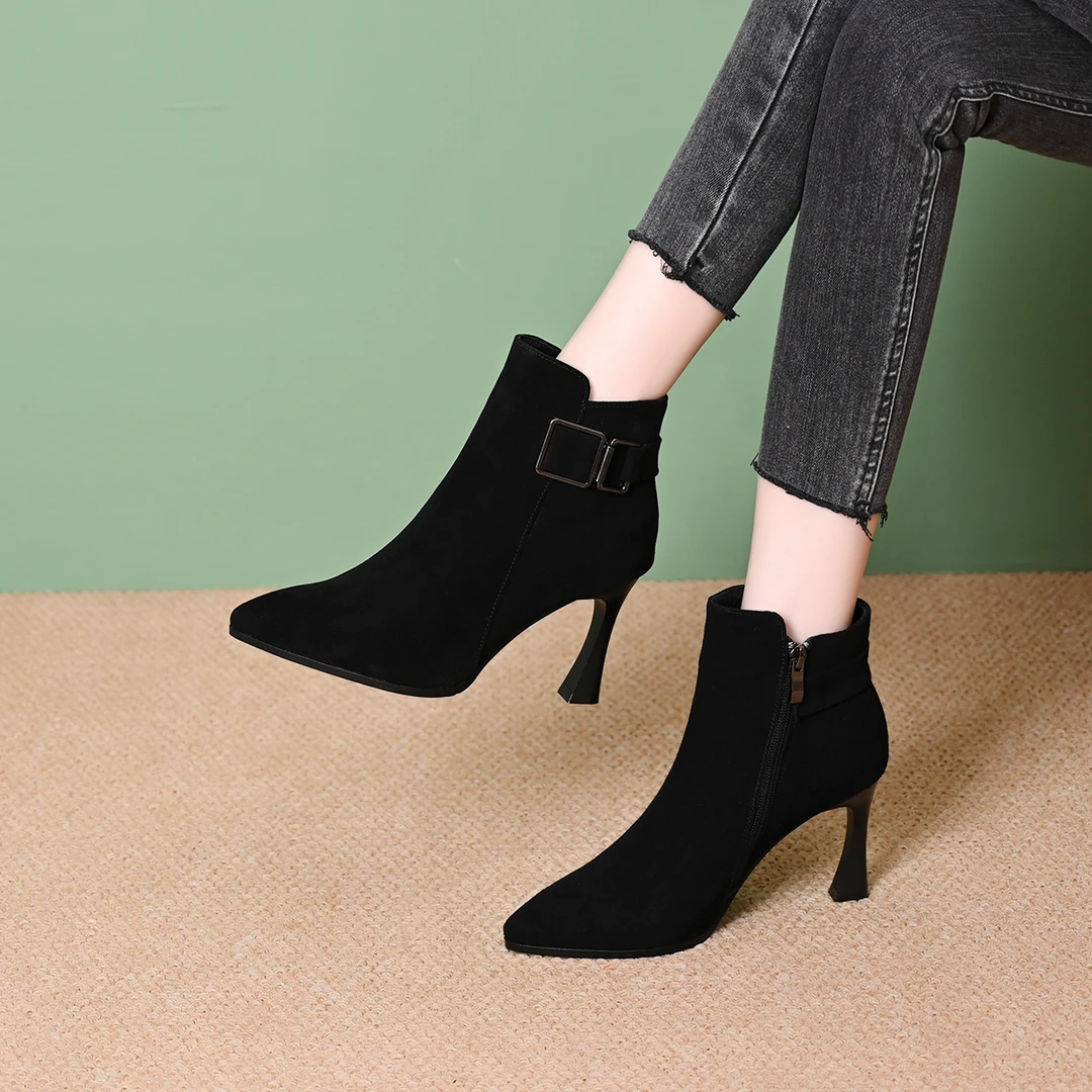 2025新款冬季磨砂皮高跟短靴女细跟真皮加绒女鞋马丁靴女显脚小