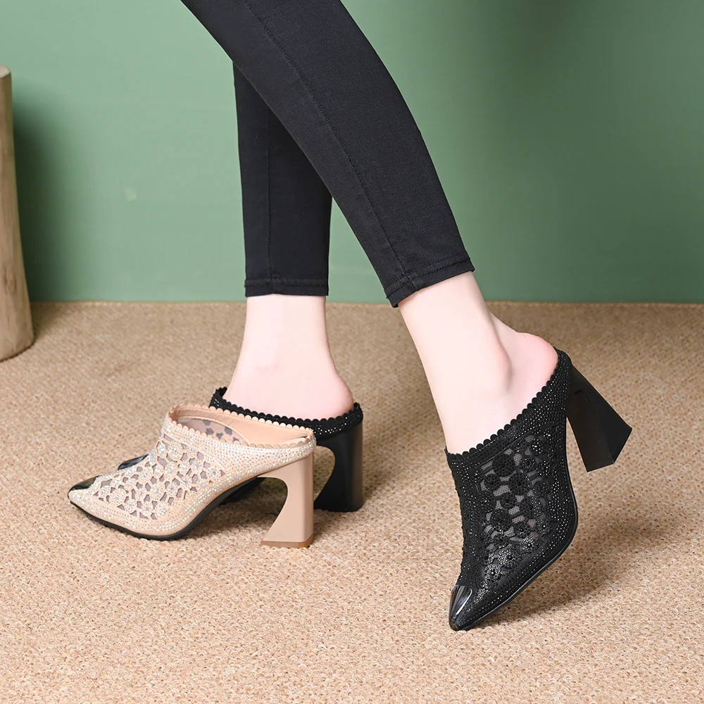 网纱半拖鞋女包头外穿2024新款夏季凉拖鞋镂空水钻夏款透气高跟鞋