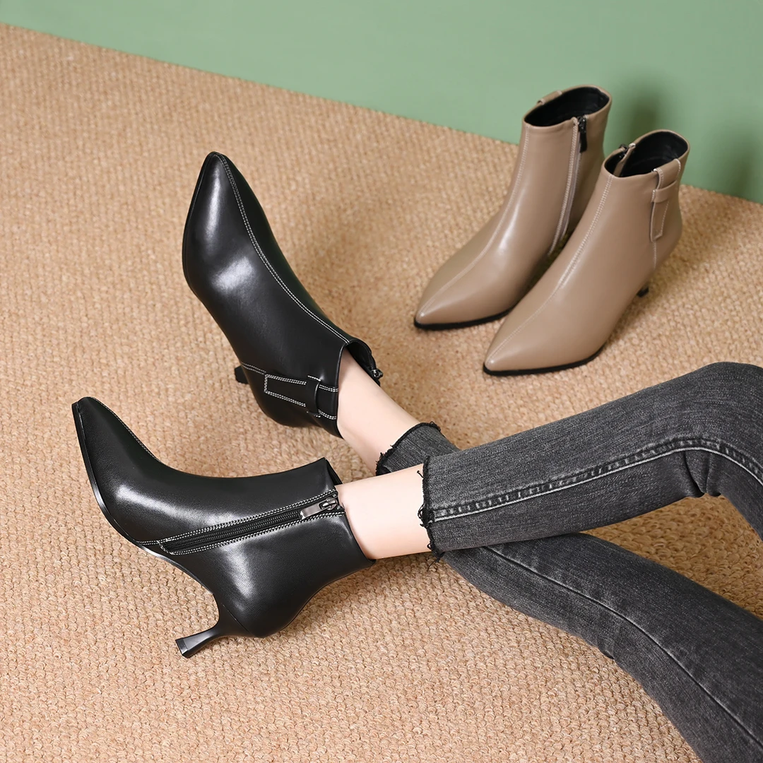 羊皮短靴女2024新款冬季细跟尖头瘦瘦靴磨砂高跟裸靴加绒靴子