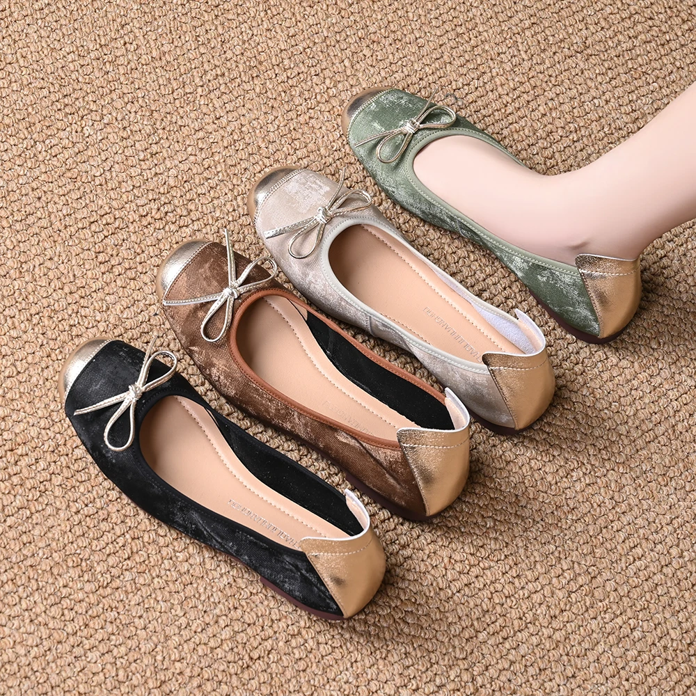 2024新款国风拼色复古蝴蝶结圆头浅口单鞋女软底蛋卷鞋平底芭蕾鞋