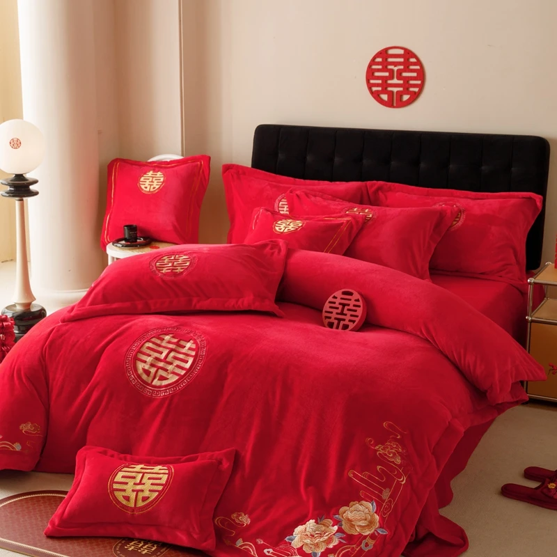 水星家纺新中式婚庆床品四件套牛奶绒大红色双喜刺绣结婚床上用品