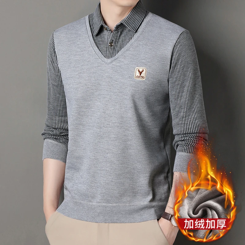 【买一送一】毛衣男士长袖假两件保