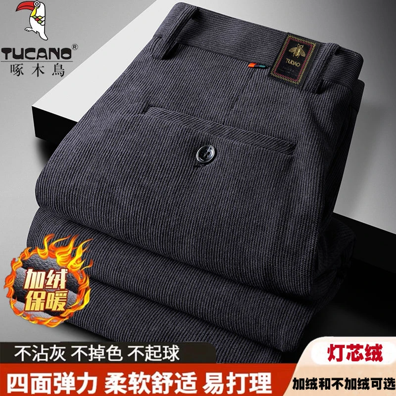 啄木鸟灯芯绒男裤中年男士加绒休闲裤加厚直筒爸爸长裤条绒裤保暖