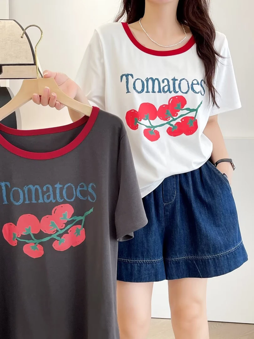 2024夏季新款大码女装拼色卡通显瘦正肩印花短袖T恤休闲百搭女士