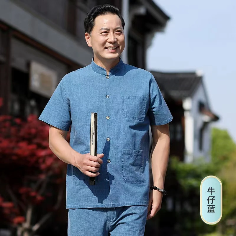 中老年人夏季唐装男男士亚麻套装短袖爸爸宽松大码爷爷装中国风