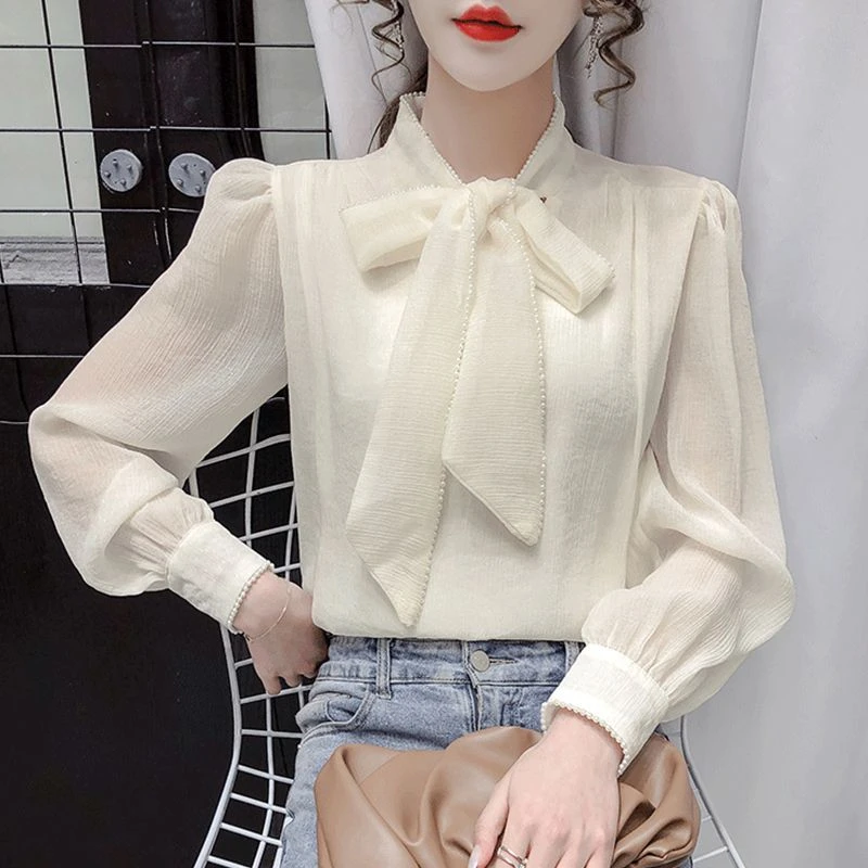 法式名媛风雪纺衬衫2023新款韩版宽松气质钉珠蝴蝶结上衣洋气女装