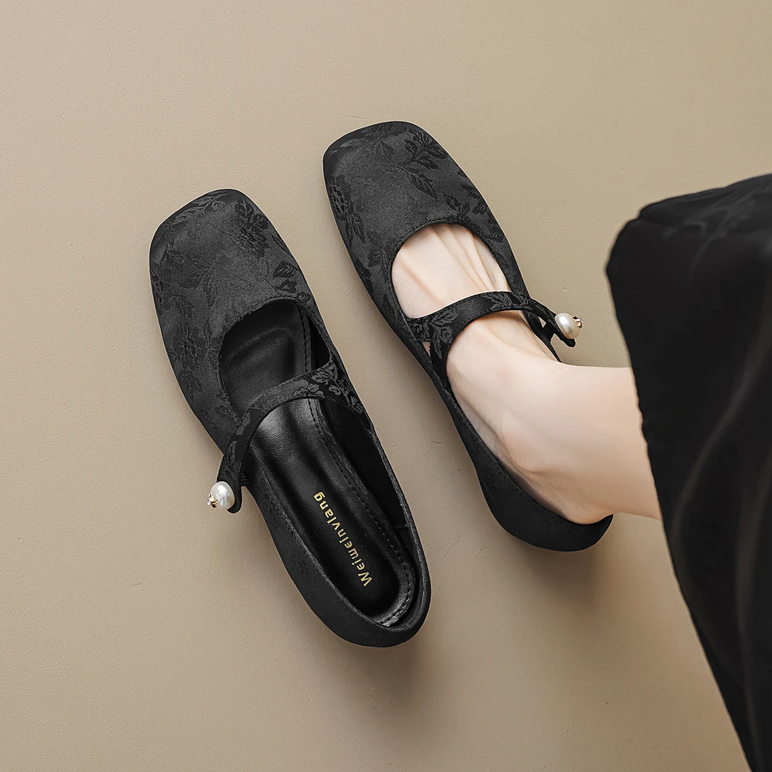 夏山茶花配裙子旗袍粗跟单鞋新中式国风玛丽珍鞋女41一43大码女鞋