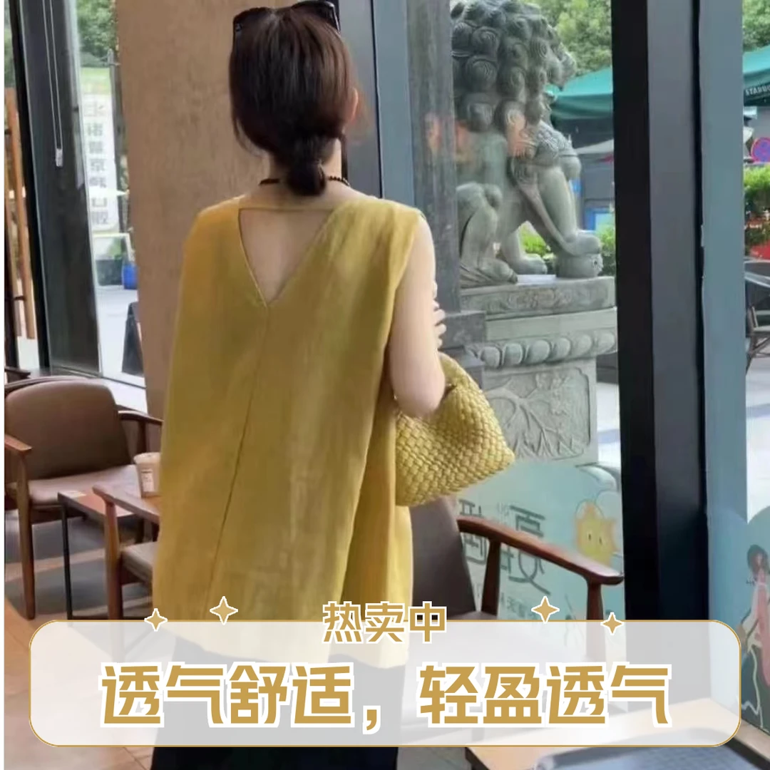 2024新款棉麻无袖上衣时尚休闲气质夏季简约宽松百搭洋气轻盈透气