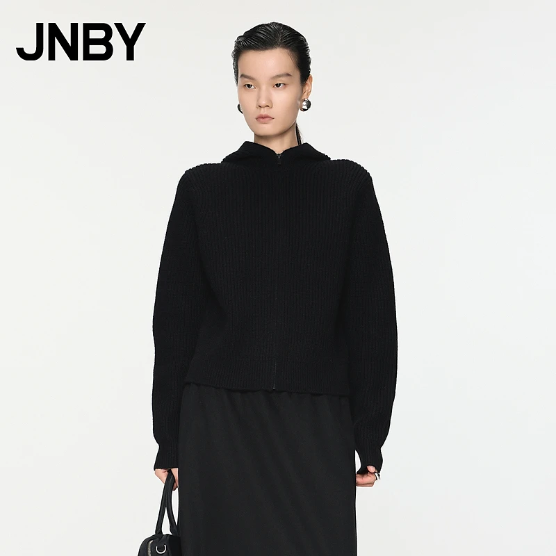 JNBY/江南布衣秋冬牦牛绒毛针织开衫粗针坑条连帽毛衣女5OA312190