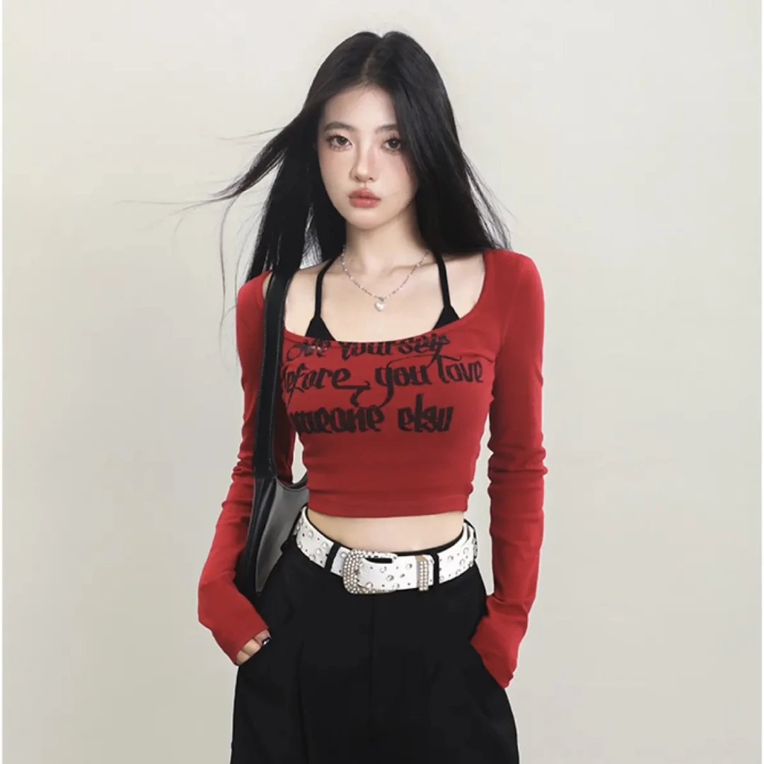 纯欲辣妹红色打底衫春季美式修身显瘦短款露脐长袖T恤女假两件