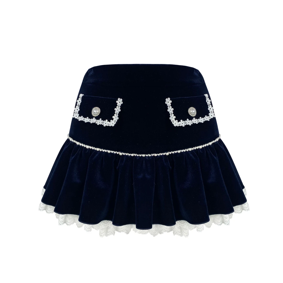 姜穹JIANGQIONG2024秋冬蓝色蕾丝花边珍珠织带珍珠扣饰半裙