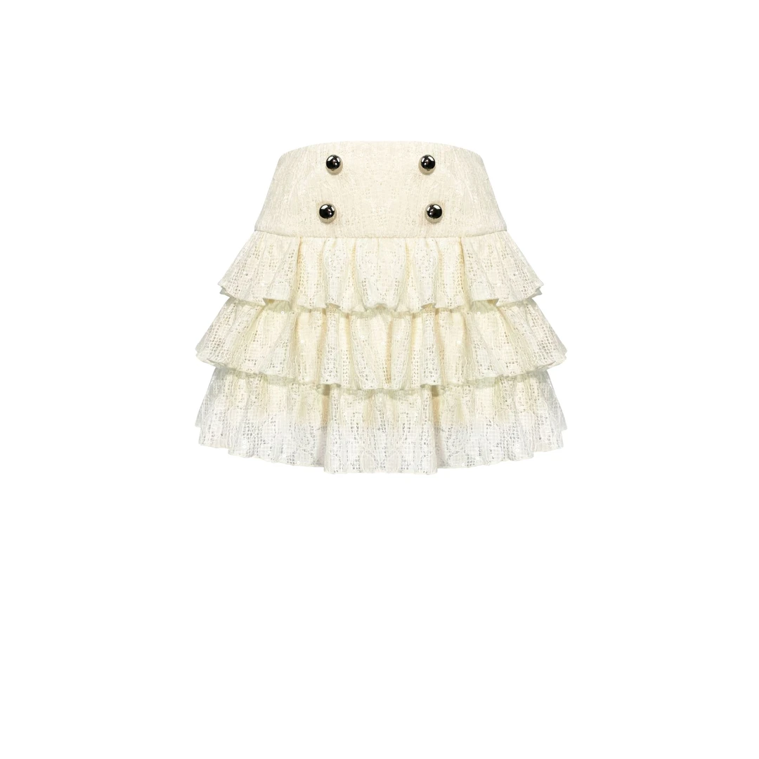 姜穹JIANGQIONG 2025春夏小香风甜美时尚百搭白色亮片蛋糕裙