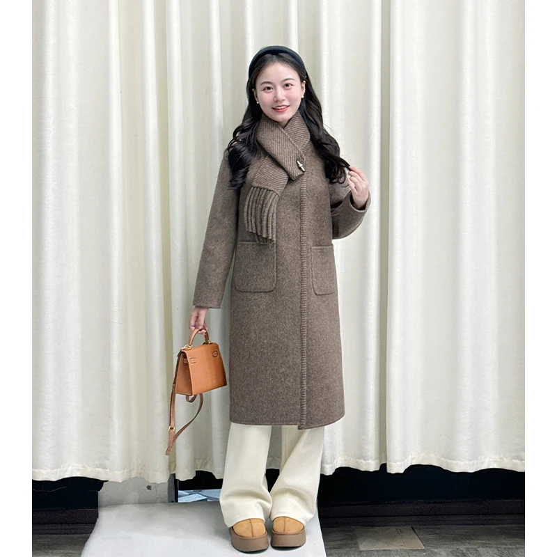 【松茶可可】小娜椒小个子双面双色呢大衣冬季可拆卸围脖毛呢外套女