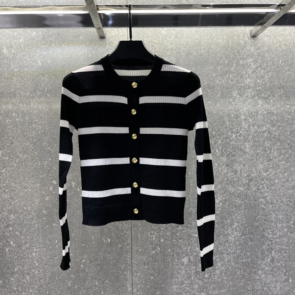 黑白条纹针织衫女羊毛打底外穿显瘦短款圆领毛衣秋冬季时尚小香风