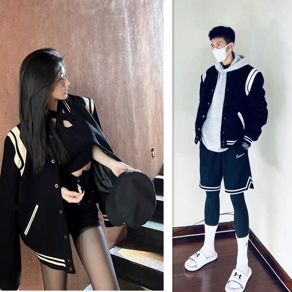 情侣款时尚经典棒球服女宽松休闲秋冬ins潮流羊皮拼接羊毛外套