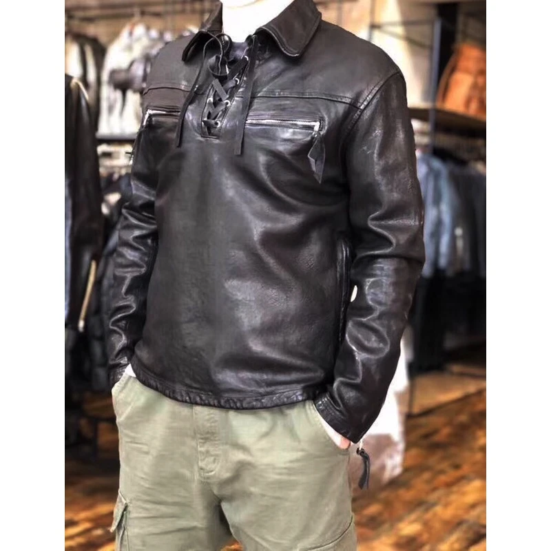 日系复古水洗无涂做皱植鞣绵羊皮机车套头休闲厚棉真皮皮衣男外套