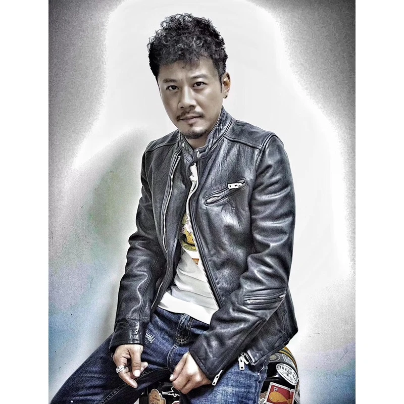 新款日系修身男真皮皮衣褶皱水染绵羊皮皮夹克青年时尚短款外套潮
