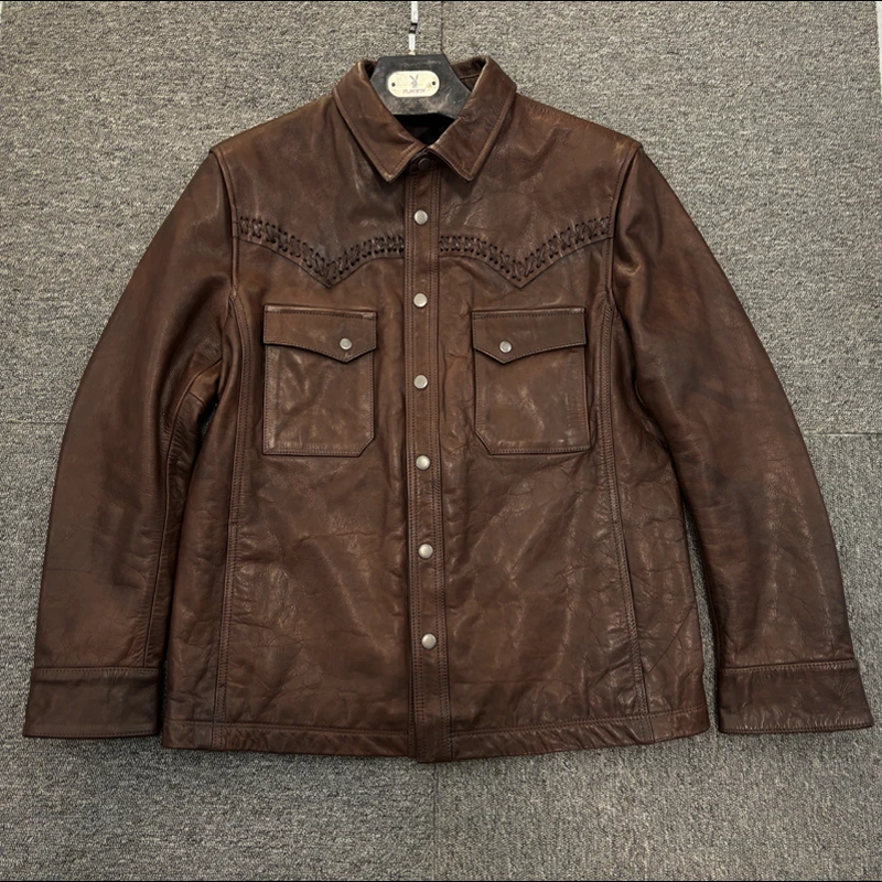 男装真皮皮衣春秋编织衬衫翻领修身男士真皮夹克油蜡牛皮外套衬衣