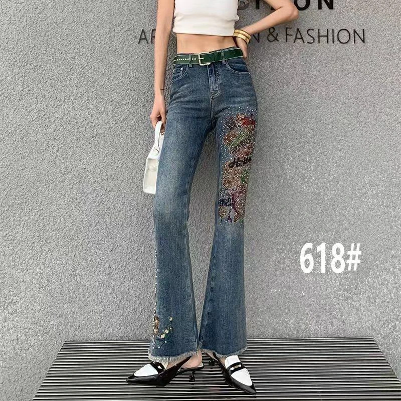2025微喇烫钻钉珠牛仔裤女弹力显瘦高腰独特设计感小个子毛边九分