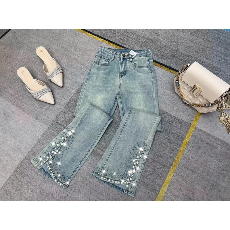 烫钻钉珠重工微喇牛仔裤女2024夏季新款时尚高腰显瘦百搭喇叭裤