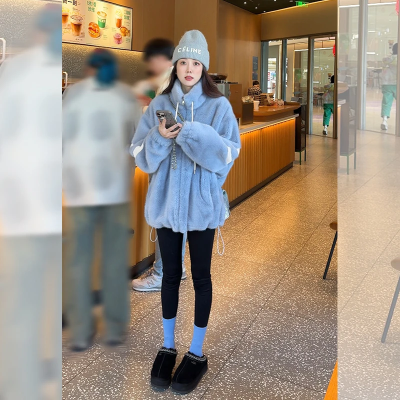 壹壹【暖冬cool girl】洋气拼接撞色加厚毛毛棒球服外套 2410C03